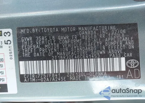 2006 Toyota Corolla Le from USA, damaged, VIN 2T1BR30E46C641453